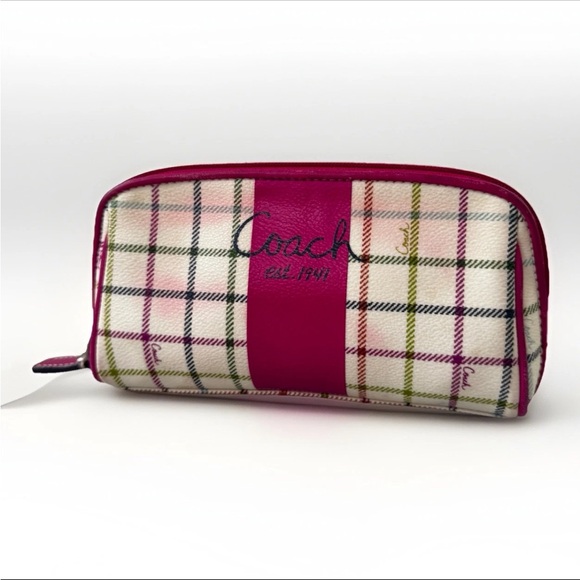 Coach Handbags - Coach Peyton Tattersall Coated Canvas and Leather Plaid Pink Stripe Cosmetic Bag